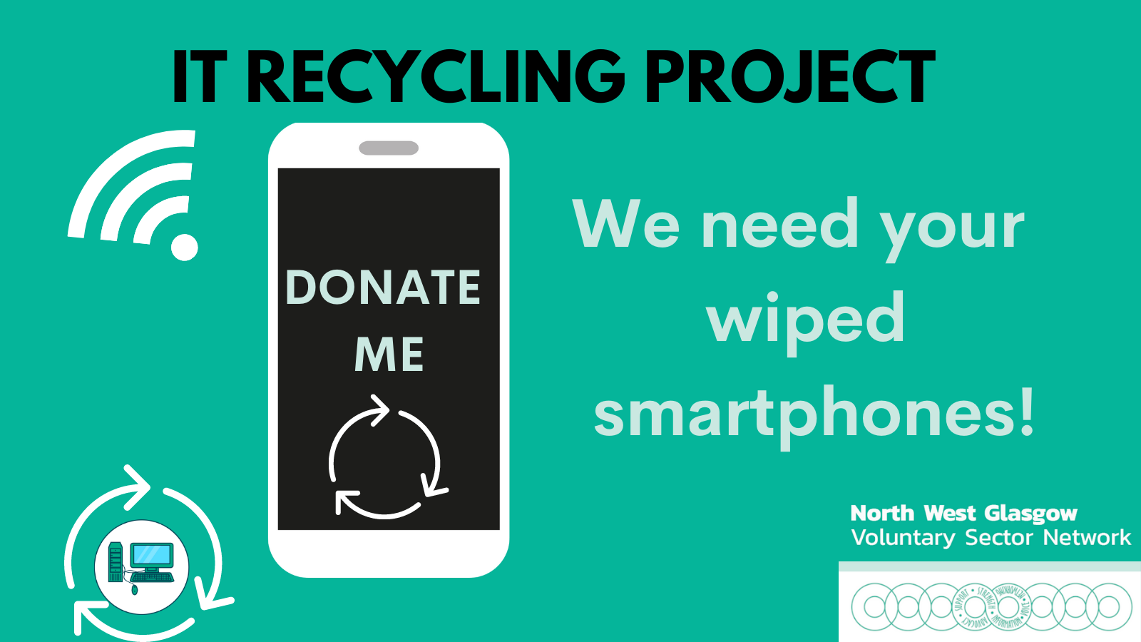 IT Recycling project poster with mobile phone picture & We need your wiped smartphones text